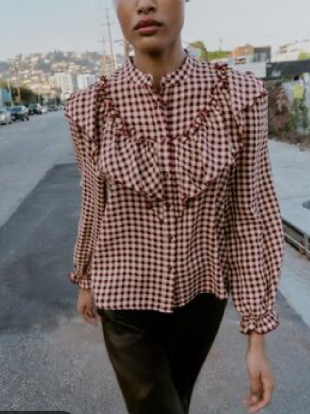 Zara Checked Ruffle Blouse Small Burgundy/ Tan - Picture 5 of 10